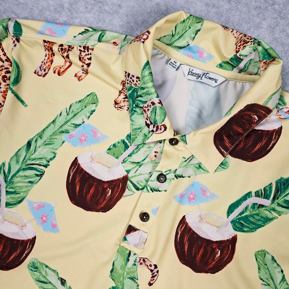 Kenny Flowers Mens Medium Yellow Polo Shirt Leopard Coconut Tropical Golf Resort